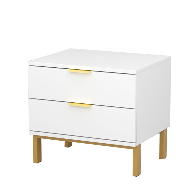 2-Drawer White Wooden Nightstand Bedside Table with 4-Gold Metal Legs 15.7 in. D x 19.7 in. W x 17.9 in. H