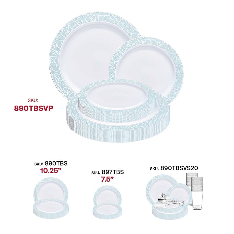 White with Turquoise Blue and Silver Mosaic Rim Dinnerware Value Set (40 Sets) image number 6