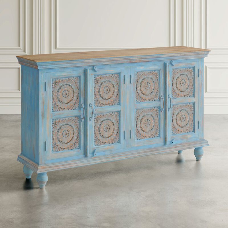 Jofran 71 Solid Wood Boho Distressed Sideboard Cabinet with Artisan Carved Doors