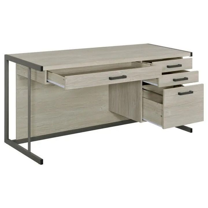 60 Inch 4 Drawer Rectangular Office Desk, Metal Sled Base, Whitewashed Gray - Benzara