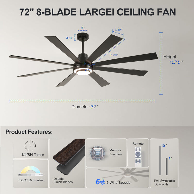 ELEMENT ACE 72-Inch Reversible Blade Ceiling Fan With Dimmable LED Light Kit and Remote Control image number 2