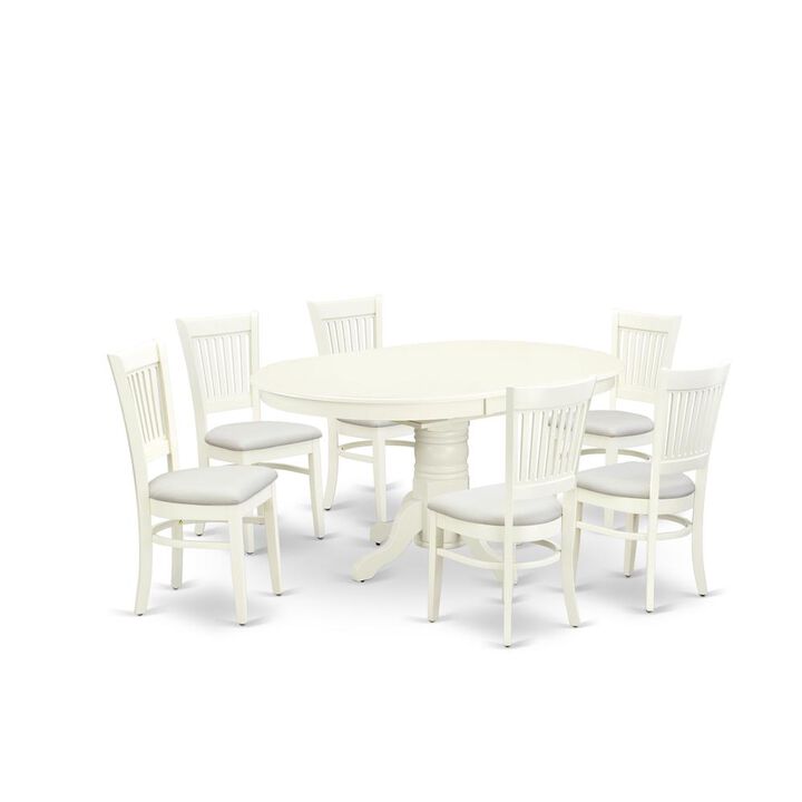 East West Furniture - AVVA7-LWH-C - 7-Piece dining table Set- 6 Dining Chairs with Linen Fabric Seat and Slatted Chair Back - Butterfly Leaf Modern Oval Dining Table - Linen White Finish