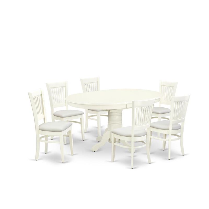 East West Furniture - AVVA7-LWH-C - 7-Piece dining table Set- 6 Dining Chairs with Linen Fabric Seat and Slatted Chair Back - Butterfly Leaf Modern Oval Dining Table - Linen White Finish