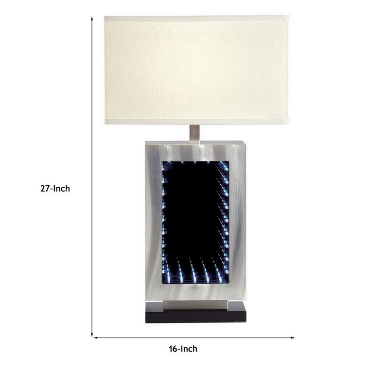 Ziva 27 Inch Table Lamp, LED Night Light, Rectangular Shade, Matte Silver - Benzara