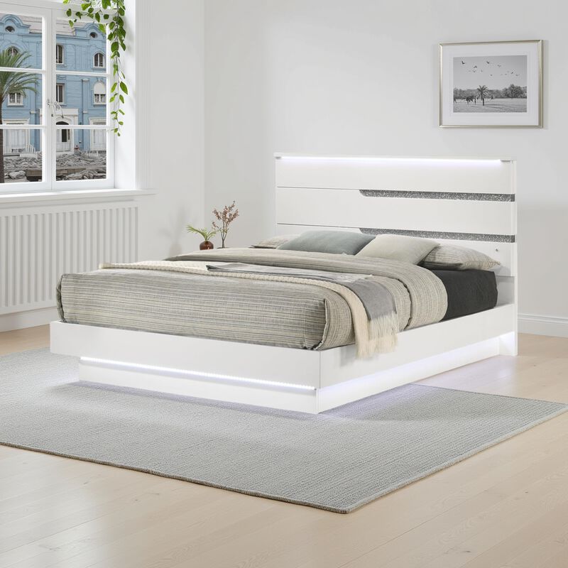 Peis Queen Size Bed, LED, Crystal Accents, Modern Design, Glossy White - Benzara