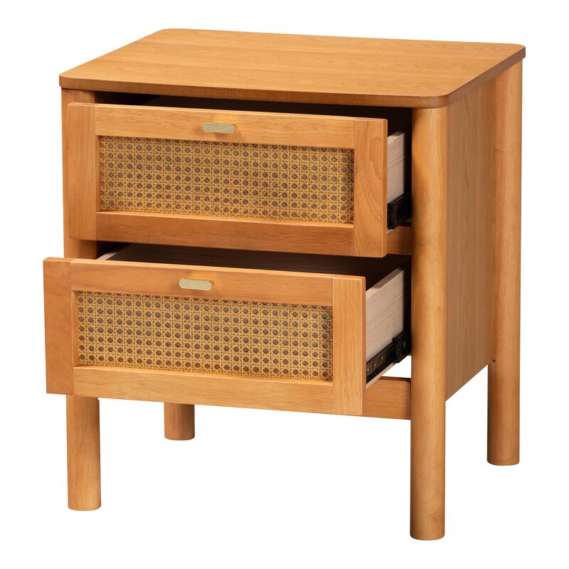 Baxton Studio Jenn Golden Brown Wood Japandi 2 Drawer Nightstand with Distressed Finished Rattan