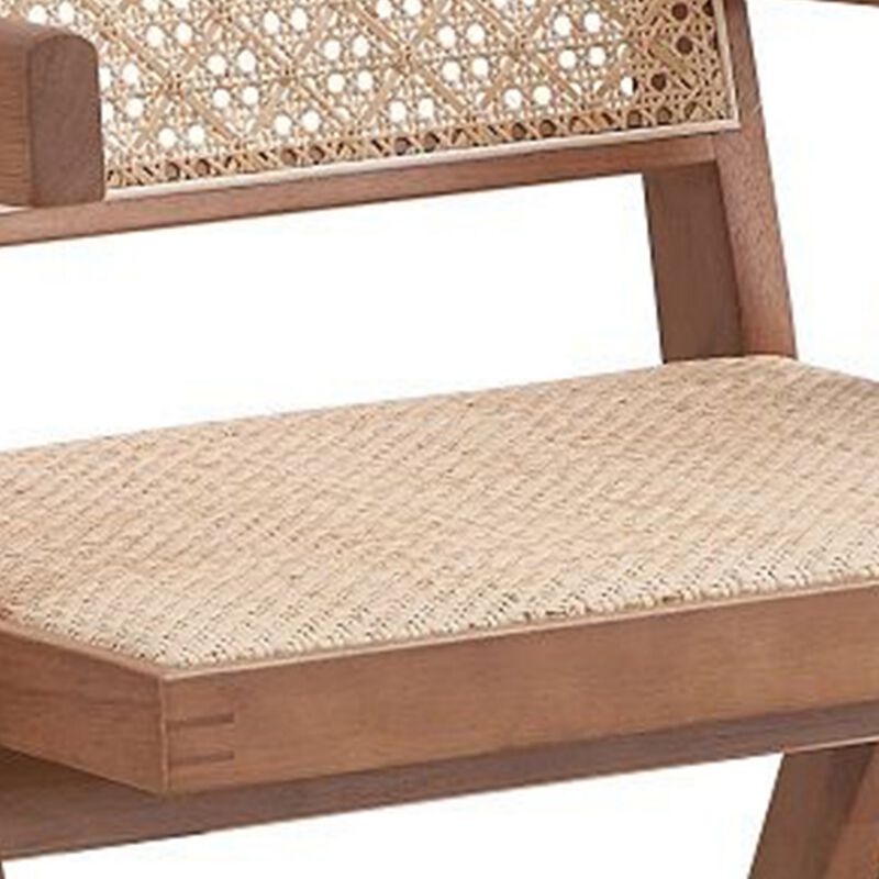 Tina 26 Inch Accent Armchair, Woven Rattan, Natural Brown Wood Finish