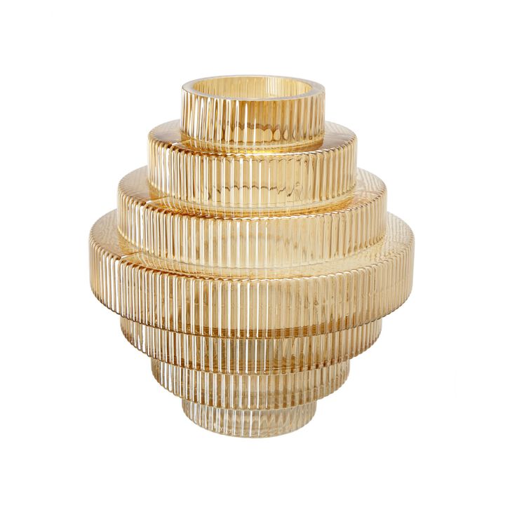 Rae 10 Inch Glass Vase, Geometric Round, Amber Yellow and Clear Finish - Benzara