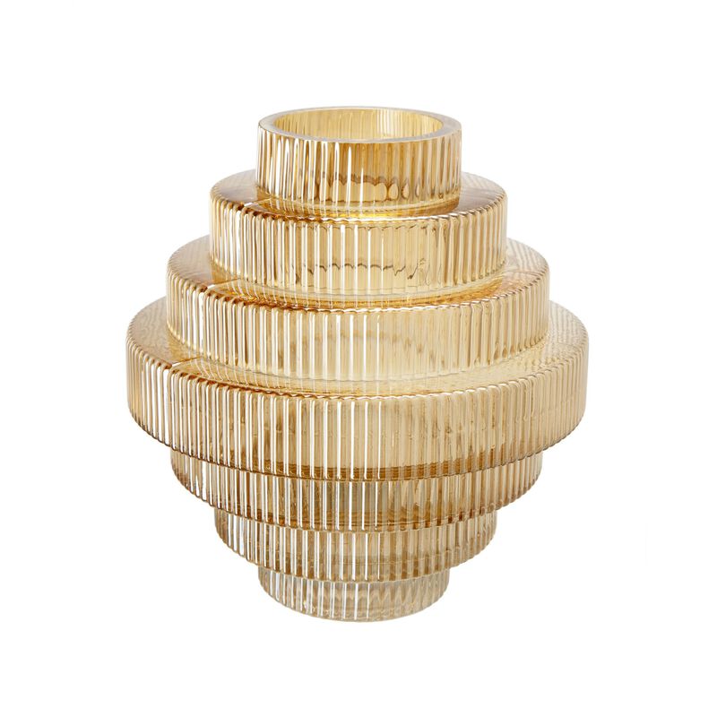 Rae 10 Inch Glass Vase, Geometric Round, Amber Yellow and Clear Finish - Benzara