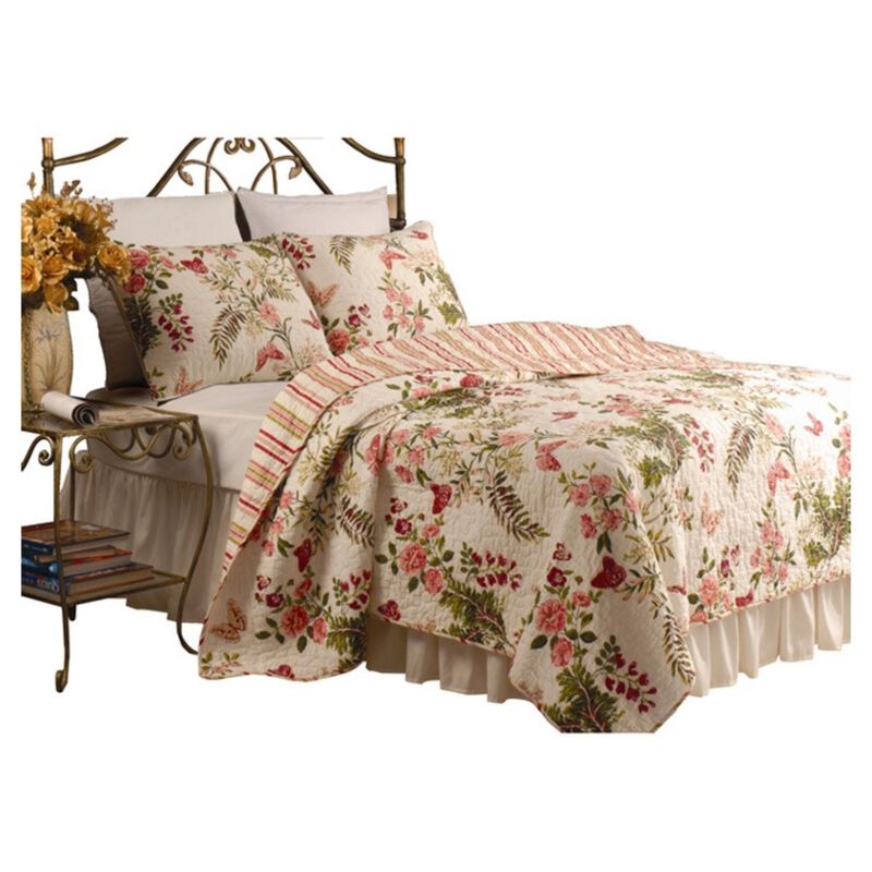Hivvago King size 3-Piece Cotton Quilt Set in Pink Beige Floral Butterflies