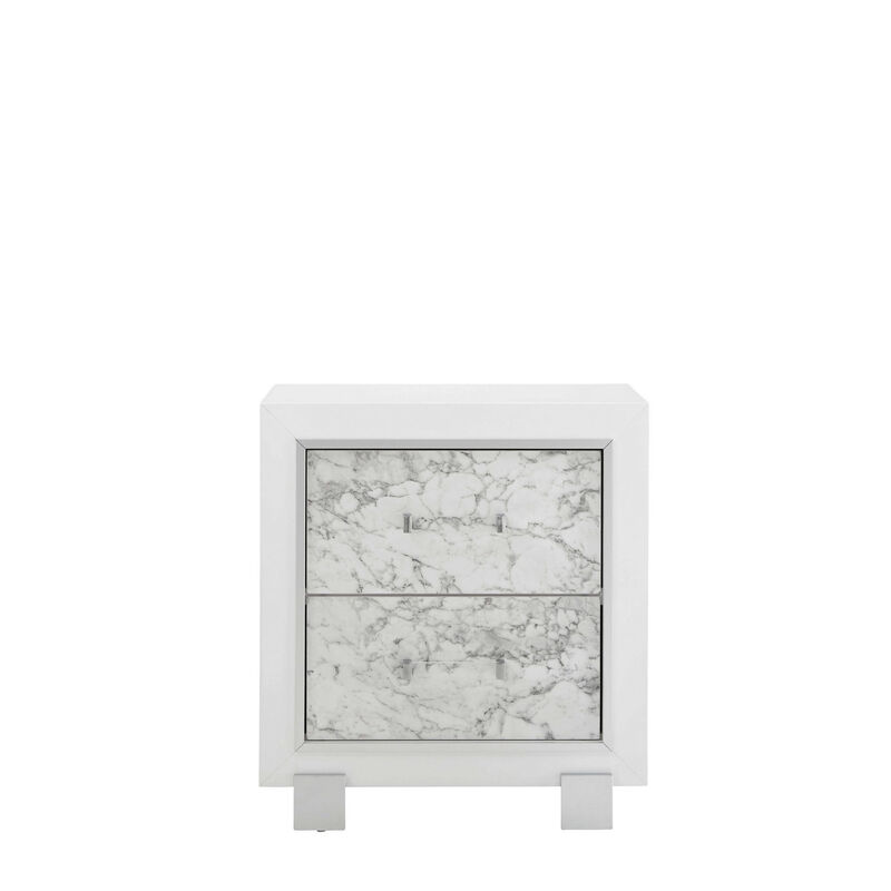 Modern Bedside Table with 2 Drawers and Decorative Faux Marble Front