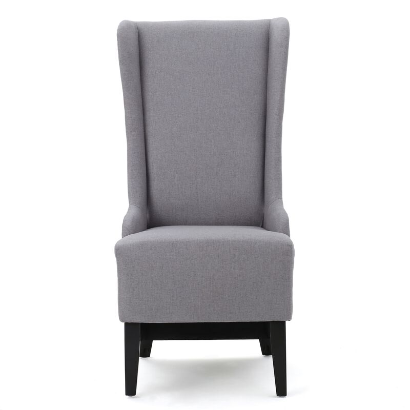 Becca Dining Chair, High Wingback Brown Birch Wood, Light Gray Fabric - Benzara