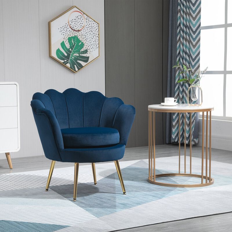 Blue Velvet Lounger: Accent Chair with Gold Metal Legs