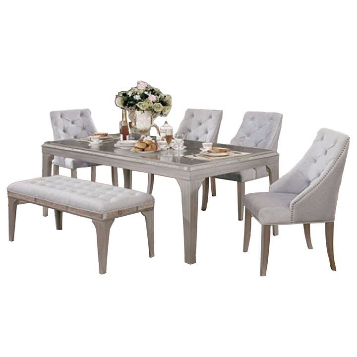Jamie 6pc Dining Table Set with 4 Chairs and Bench, Silver-Light Gray