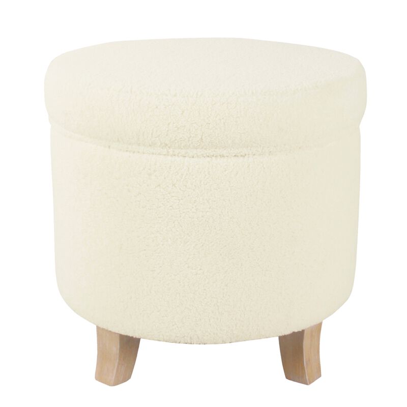 Loni Round Storage Ottoman, 19 Inch Beige Faux Sheepskin, Wood Legs image number 2