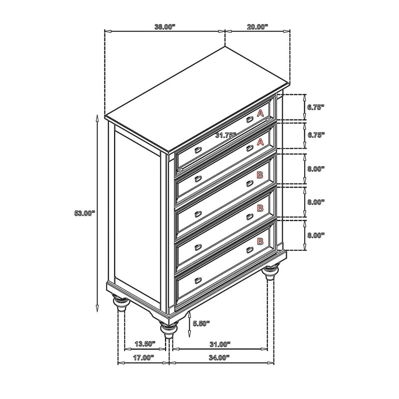 Meon Tall Dresser Chest w 5 Drawers, Carved Bun Feet, Dark Oak Brown - Benzara