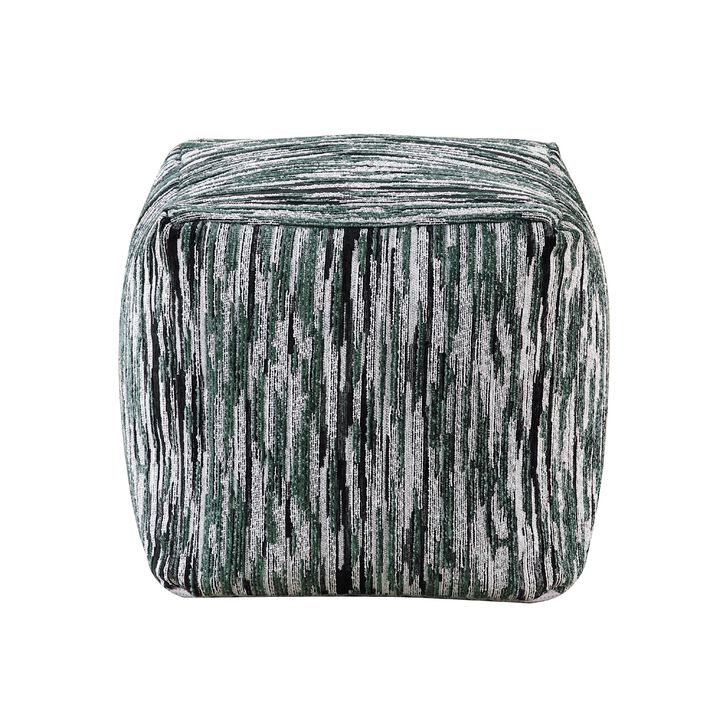 Modern Pouf Ottoman, Green White Curved Striped Jacquard, 16in Square