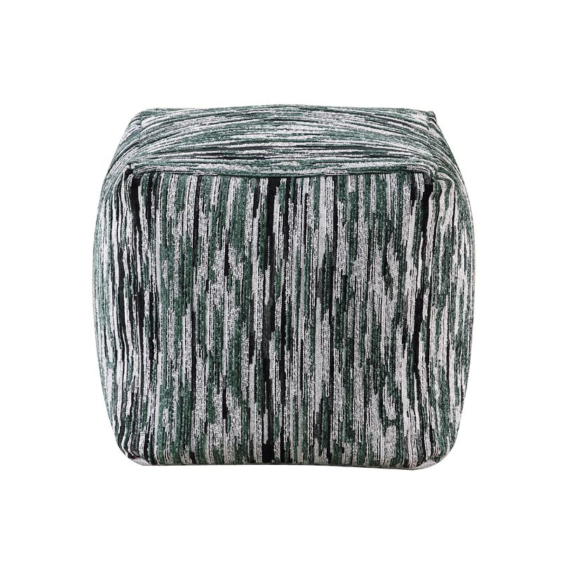 Modern Pouf Ottoman, Green White Curved Striped Jacquard, 16in Square