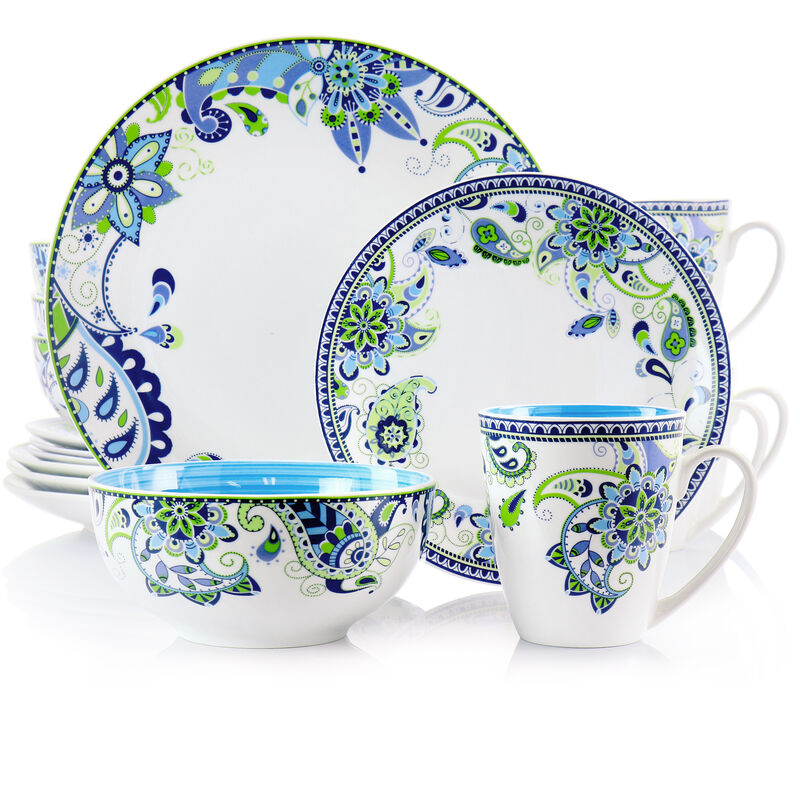 Elama Blue Fiesta 16 Piece Round Porcelain Dinnerware Set