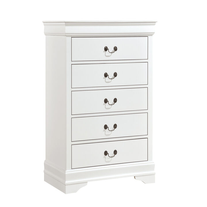 Traditional Design White Finish 1pc Chest of 5 Drawers Antique Drop Handles Drawers Bedroom Furniture