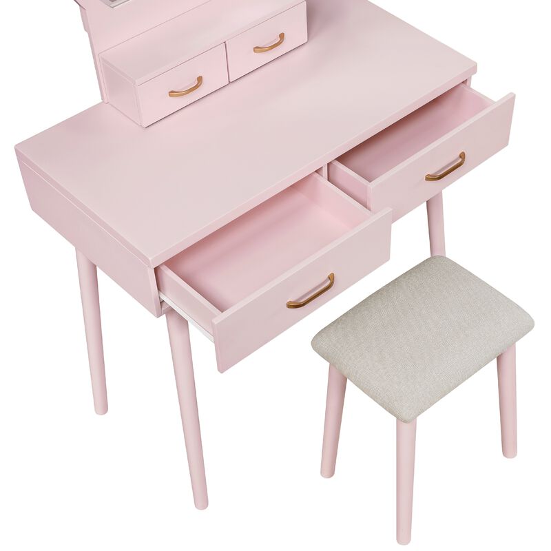 Anvy Vanity Desk Set with Mirror and Stool, 4 Drawers, Pink Wood