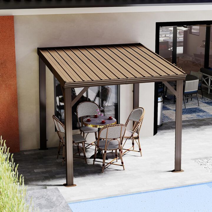 8x8FT Wall Mounted Gazebos Pergola with Built in Drainage System, Galvanized Steel Roof Hardtop Patio Shelter