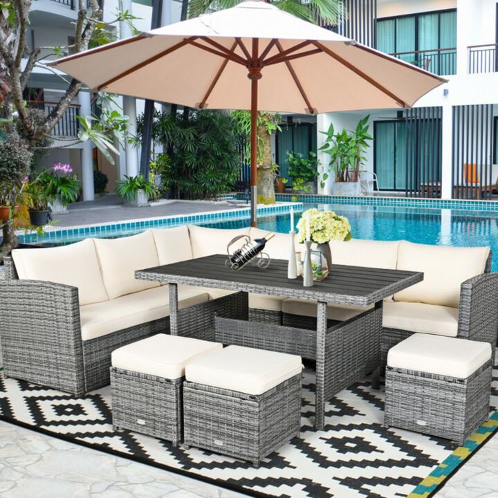 Hivvago 7 Pieces Patio Rattan Dining Furniture Sectional Sofa Set with Wicker Ottoman