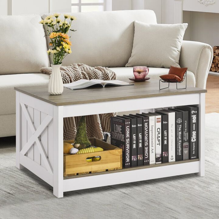 Farmhouse Coffee Table Square Table with Open Storage Compartment