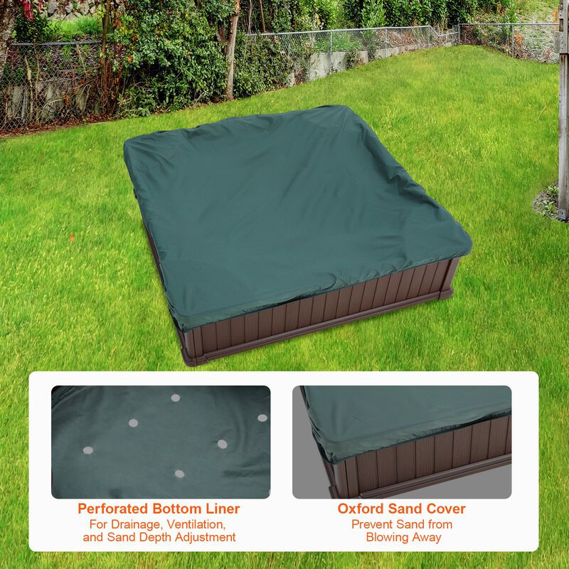 Square Sandbox with Cover &ndash; HDPE Outdoor Sand Pit with Seating for 4 Kids & Bottom Liner, Perfect for Backyard Play Ages 3&ndash;12