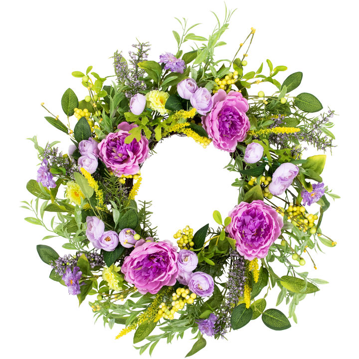 Peony Mixed Floral Springtime Wreath - 24" - Purple and Yellow