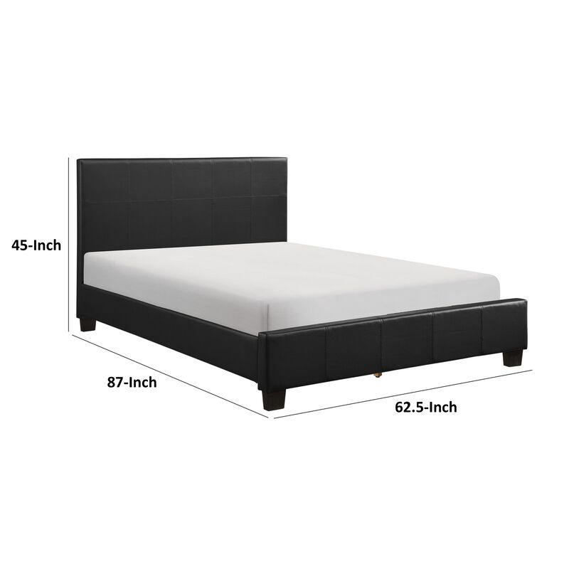 Renz Queen Size Platform Bed, Black Faux Leather Upholstery, Wood Frame - Benzara