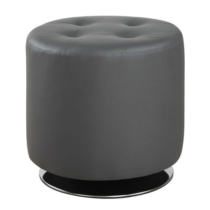 Round Leatherette Swivel Ottoman with Tufted Seat, Gray and Black-Benzara