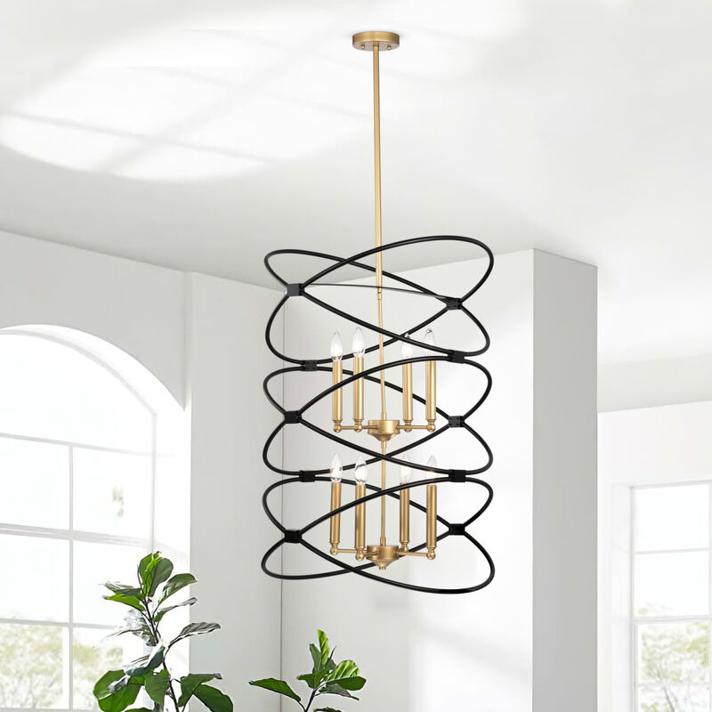 Transitional Gold/Matte Black Metal Chandelier Fixture, 8 lights, 2-Tier-Candle Ceiling Light for Living Room, Bedroom, Dining Room, Dimmable, E12, W23.6xH55