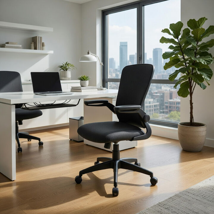Swivel Task Chair, Flip Arm, Height Adjustable, Black Antimicrobial Vinyl