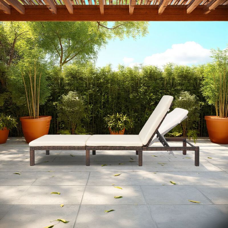 Outdoor Sun Lounger with White Cushion, Adjustable Back, Brown Wood - Benzara