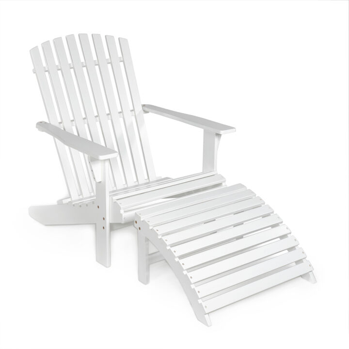 Saranac 2-Piece Traditional Rustic Acacia Wood Adirondack Chair with Detachable Ottoman, White