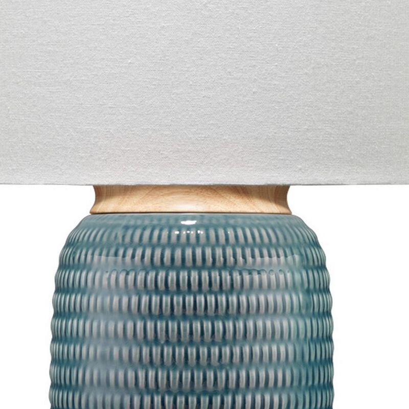 Table Lamp with Ribbed Ceramic Body and Fabric Shade, Blue - Benzara image number 2