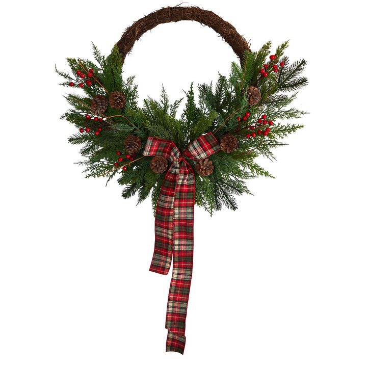 Nearly Natural 28-in Pine and Pinecone Artificial Christmas Wreath with Decorative Bow