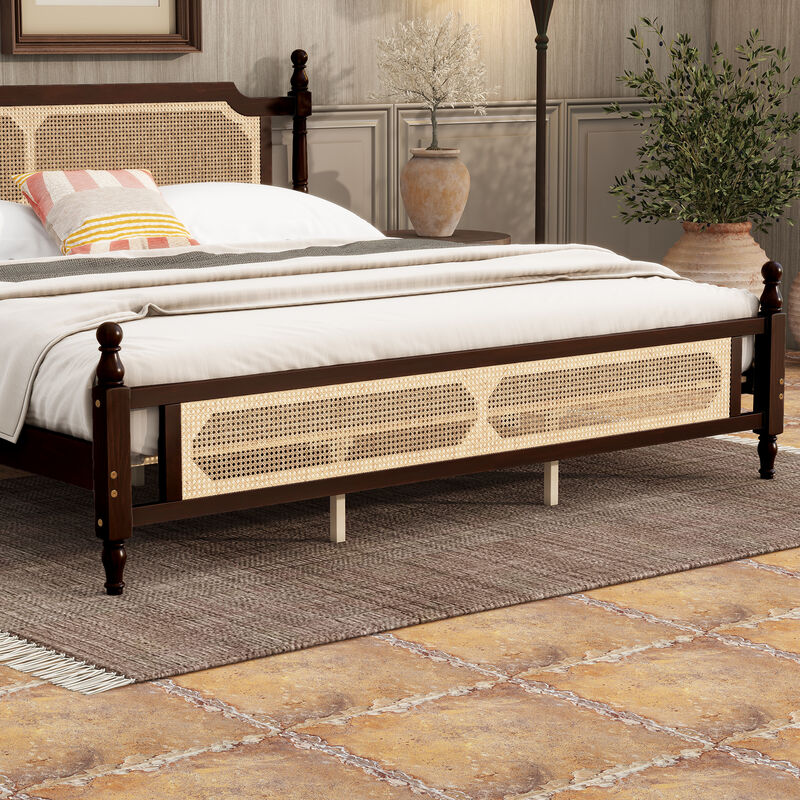 Whisen King Pine Wooden Bed with Rattan Headboard and Footboard, with Central Enhanced Bed Platform image number 4