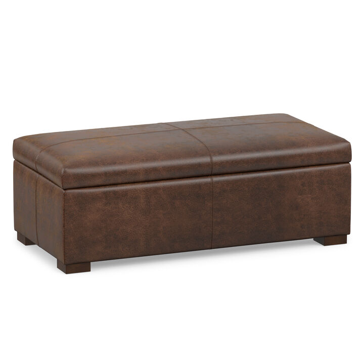 Gabbie 48 inch Wide Contemporary Rectangle Rectangular Storage Ottoman in Distressed Chestnut Brown  Vegan Faux Leather, Assembled