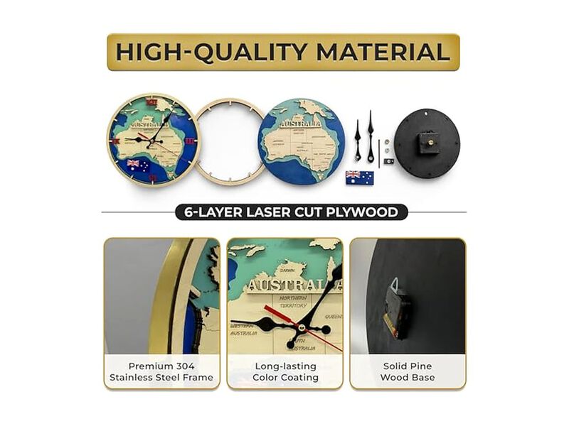 Australia Map Pattern Vintage Wooden Gold Wall Clock 41 Inch Silent Wood image number 3