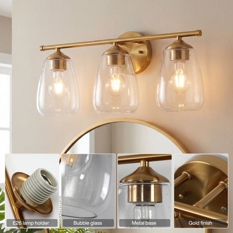 Gold Bathroom Vanity Light, Three-Light Bubble Glass Shades image number 6
