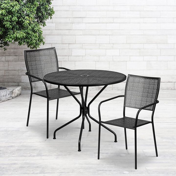 Flash Furniture Commercial Grade 35.25" Round Black Indoor-Outdoor Steel Patio Table Set with 2 Square Back Chairs