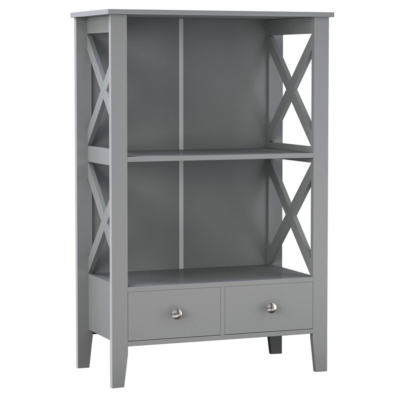 X- Frame Freestanding Floor Bathroom Storage with Two Drawers Storage Organizer Cabinet with 3 Shelves Grey