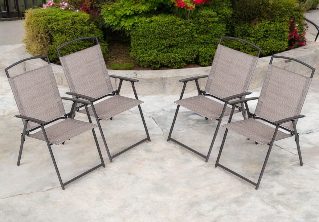 HomeRoots Set of Four 35" Brown Steel Sling Outdoor Folding Arm Chairs