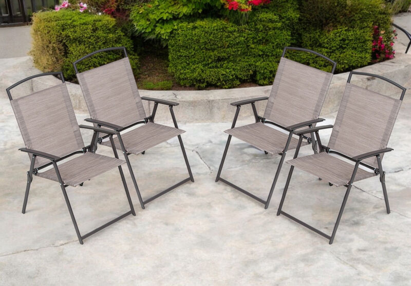 HomeRoots Set of Four 35" Brown Steel Sling Outdoor Folding Arm Chairs image number 1