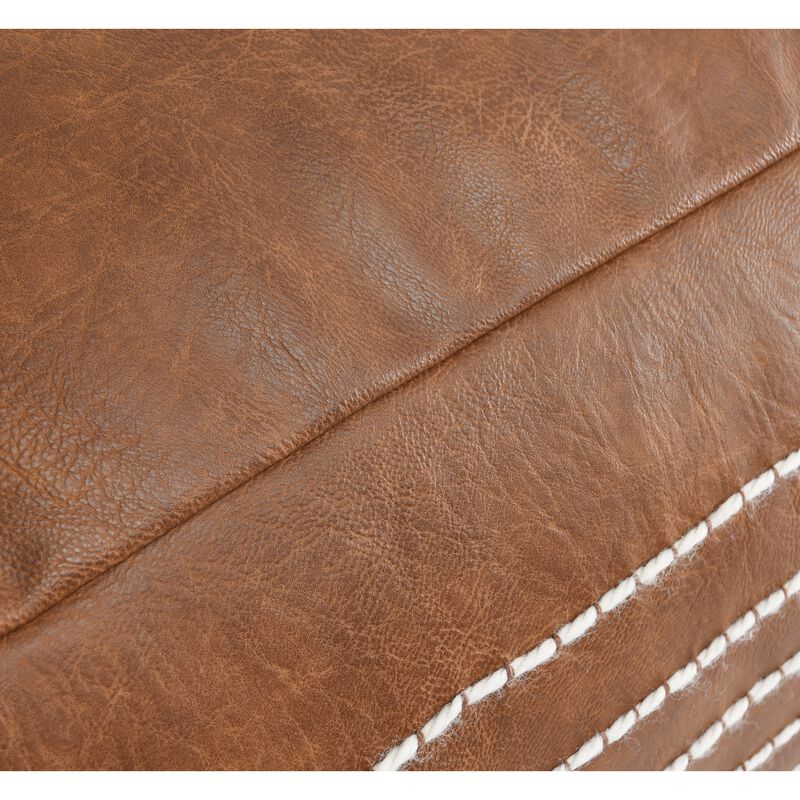 24 Inch Square Vegan Faux Leather Pouf, Yarn Embroidery, Tassels, Brown-Benzara