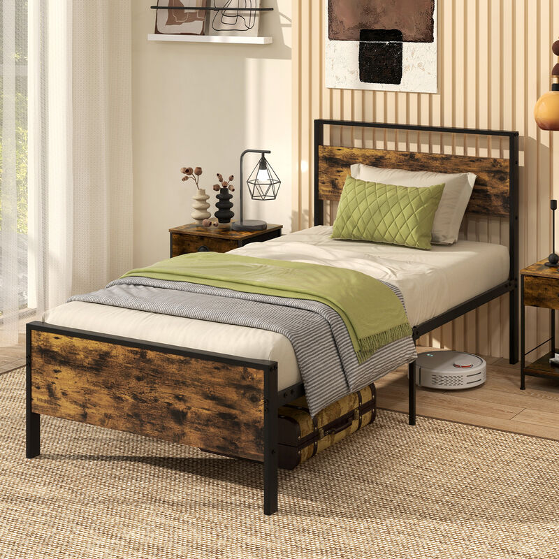 Modern Industrial Platform Bed with Metal Frame and Wood Headboard