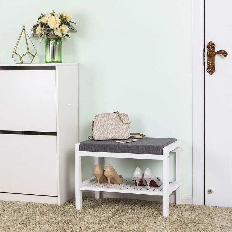 Wicker Shoe Bench Rack with Cushioned Padded Seat - Entryway Storage Shelf Bench