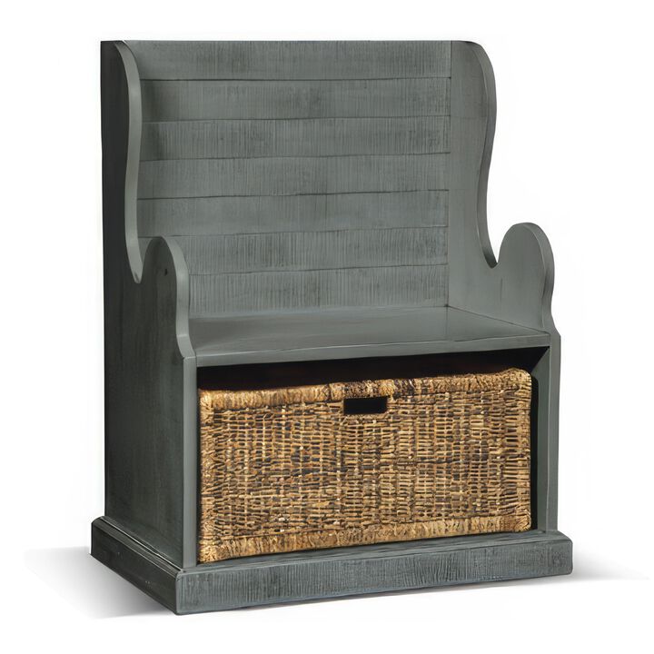 Eulie Hall Foyer Bench Seat w Rattan Basket, Rustic Blue Mahogany Wood - Benzara